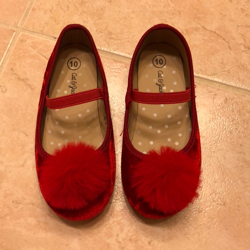 Cat & Jack red velvet pompom flats